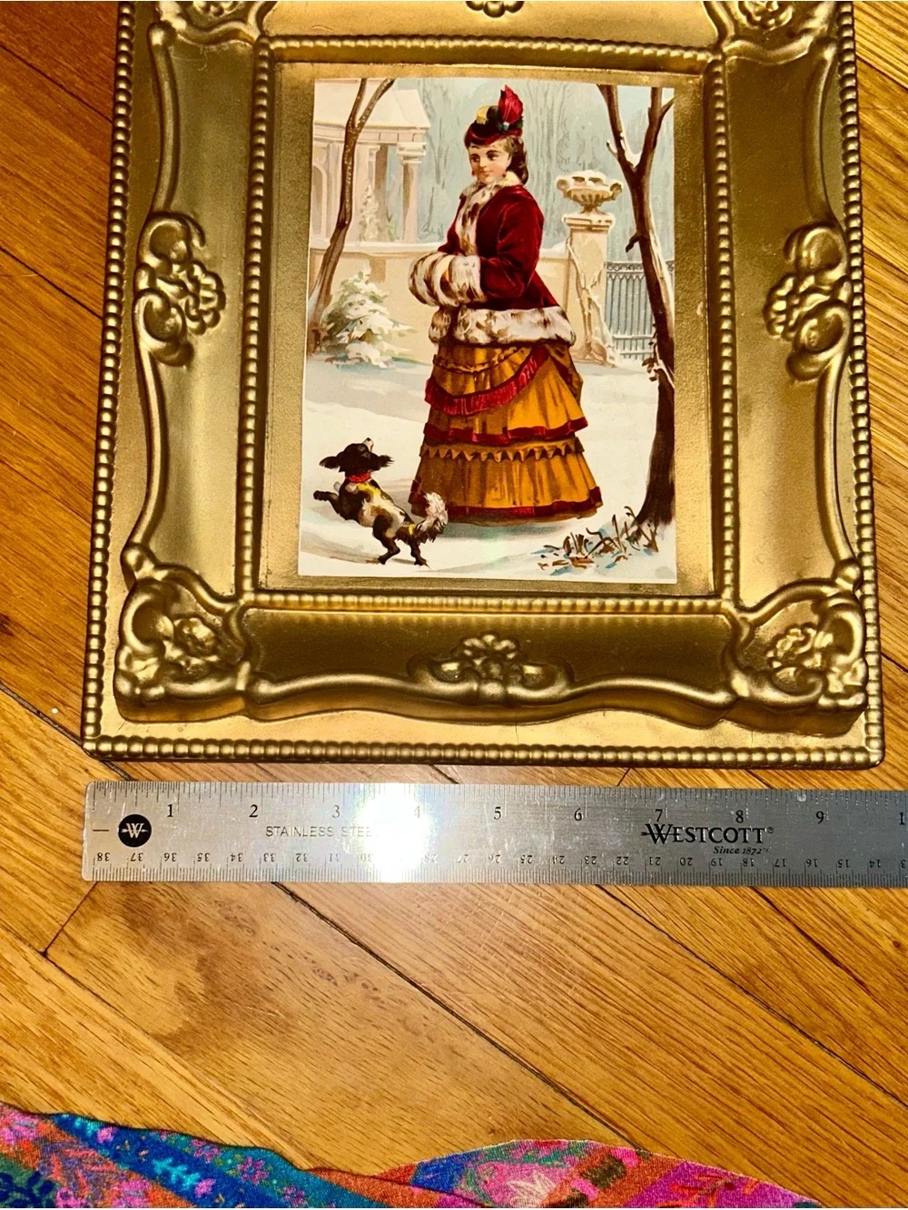 Vintage/antique 5d ornate framed print of a Victorian woman w/ her dog